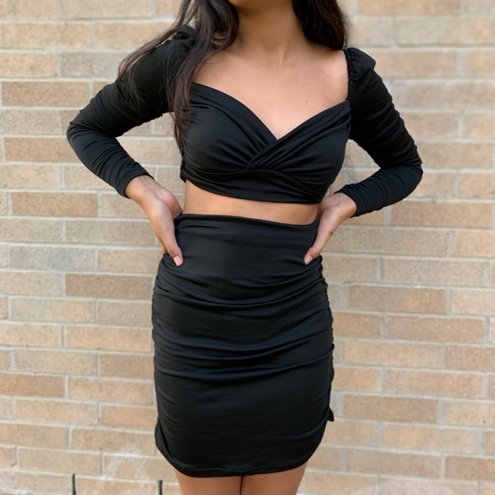 Nothing But Sexy Black Bodycon Set Medium Sweetheart Crop Top Ruched Skirt Sexy